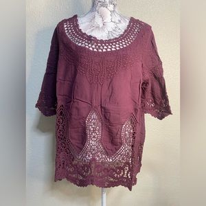 Indigo Thread Co woven and crocheted cutout blouse, burgundy size‎ L/XL